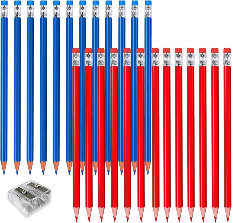 Adhere 25pcs Checking Pencils Erasable colored Pencils Pre-Sharpened #2 HB,for Checking Tests Grading,Map Coloring, editing Office Favors,including a Free sharpener. (Red 13pcs + Blue 12pcs) - Image 1